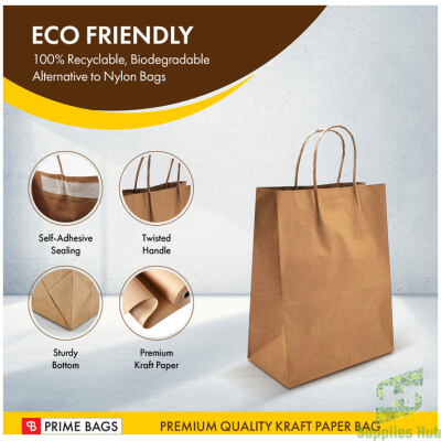 Self Adhesive - Paper Bags With Twisted Handle - Brown  (L)10" x (W)5" x (H)13" , Bundle | 250 Pcs