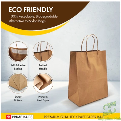 Self Adhesive - Paper Bags With Twisted Handle - Brown  (L)13" x (W)7" x (H)13" , Bundle | 250 Pcs