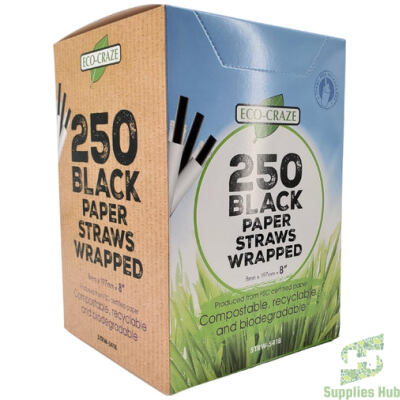 8" Black Plastic Jumbo Straws - Ind. Wrapped - 8mm | 500 Pcs